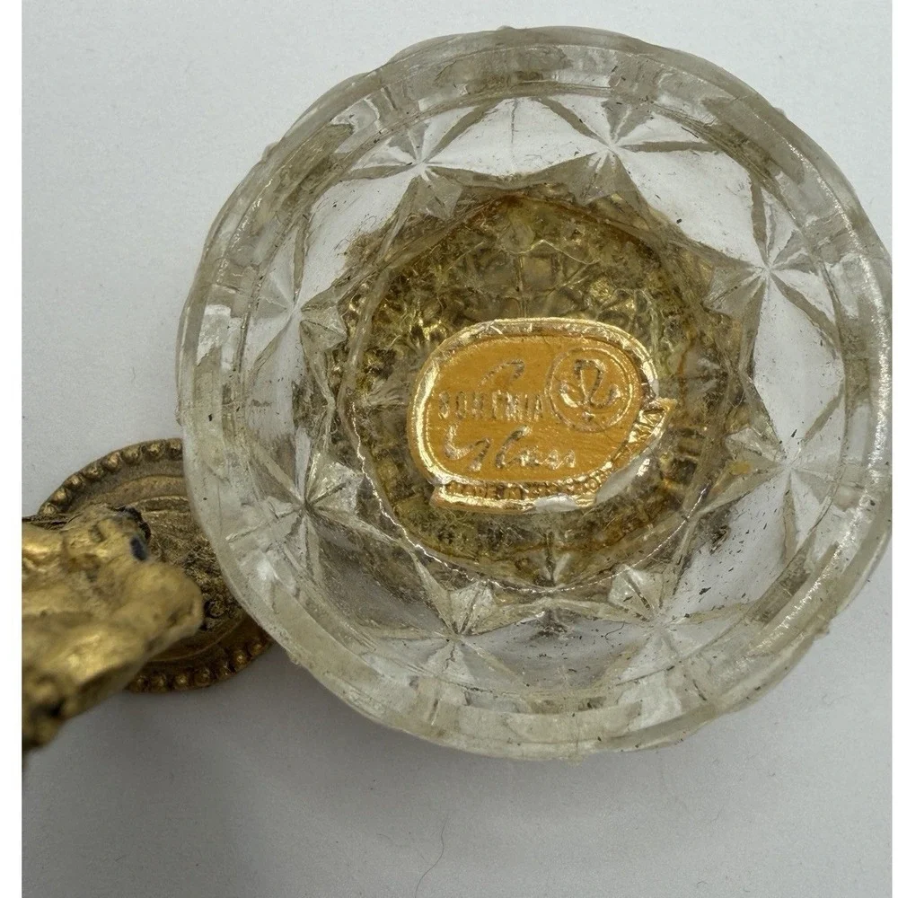 Vintage Bohemia Glass Cut Crystal Trinket Box Ormolu Lid + Cherub Figurine